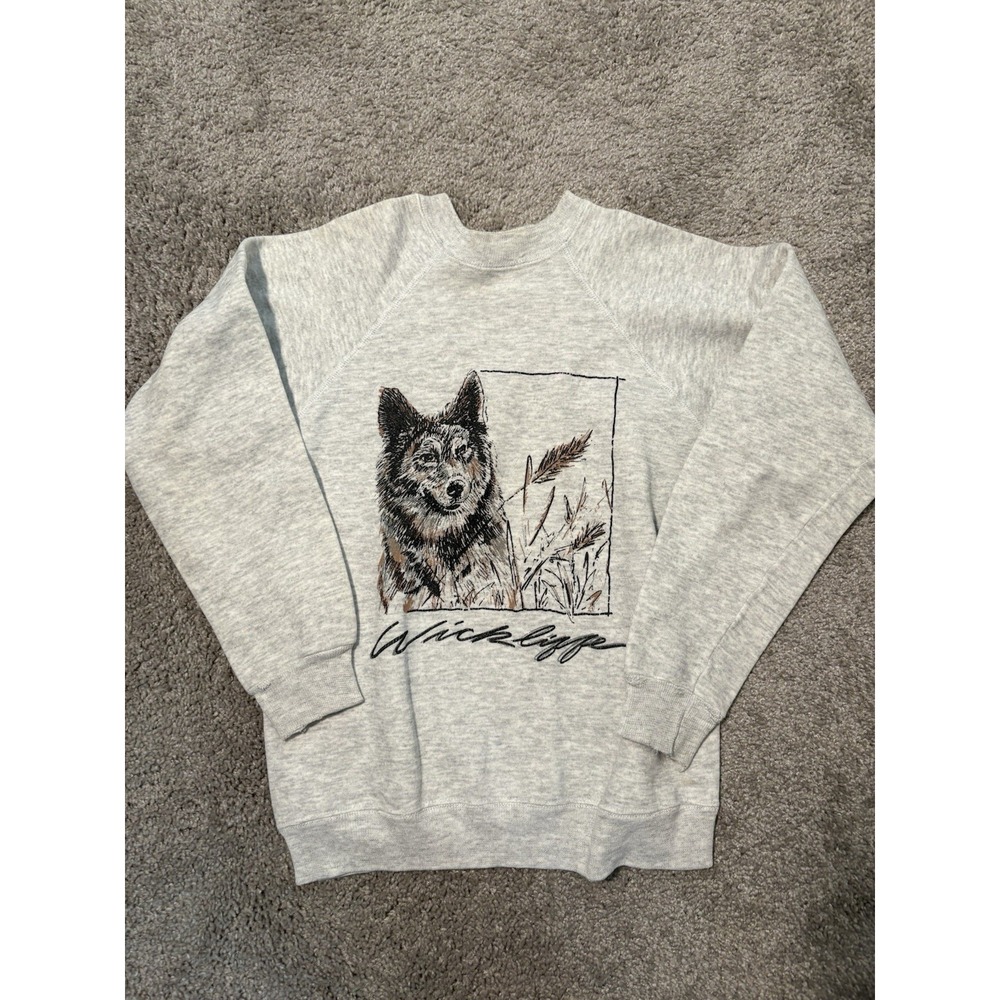 VTG 90s Wickliffe Timber Wolf Nature Sweatshirt Gray Youth L Cozy Wildlife